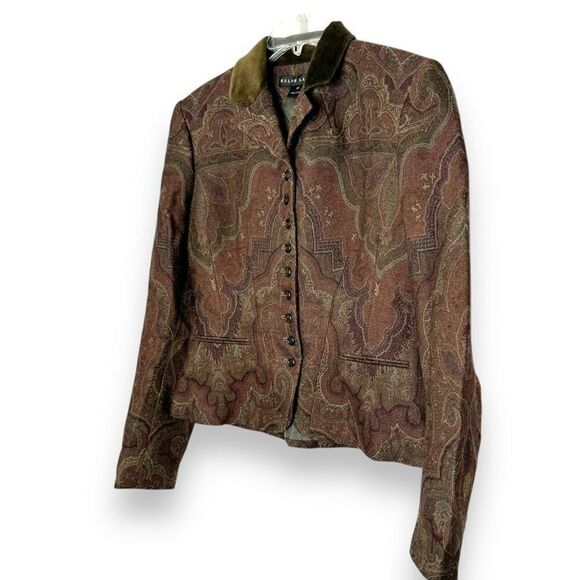 RALPH LAUREN Black Label Jacquard Print Jacket Blazer with Velvet Collar Size 10 - Picture 3 of 11